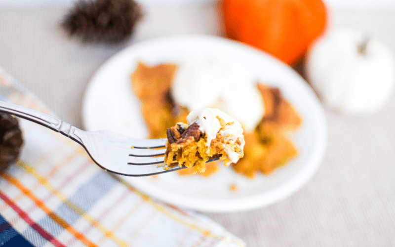 pumpkin dump cake with pecans and cream cheese